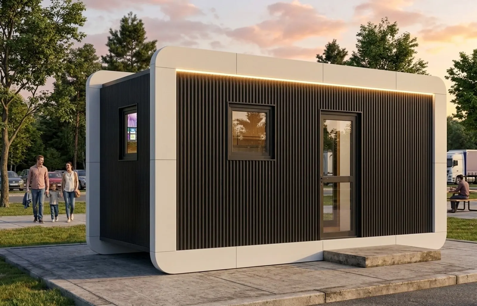 Módulo Dormis al atardecer, con revestimiento de chapa negra, ventana y puerta de aluminio.