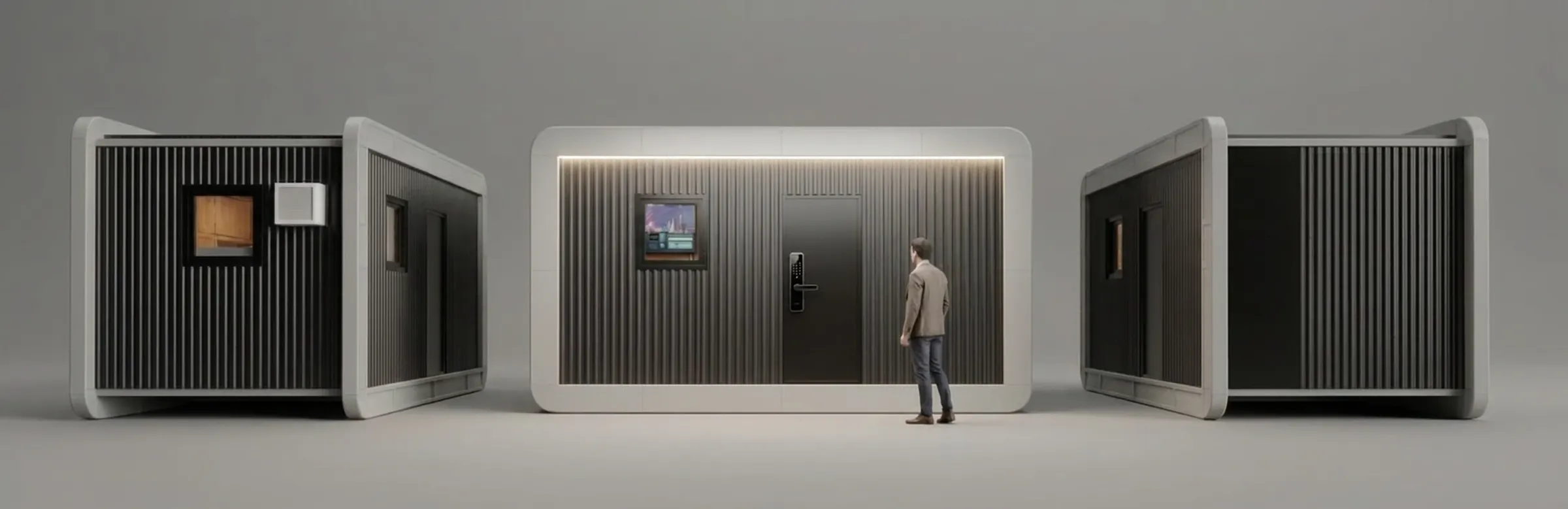 Render de tres módulos Dormis; el del centro, con la luz encendida.